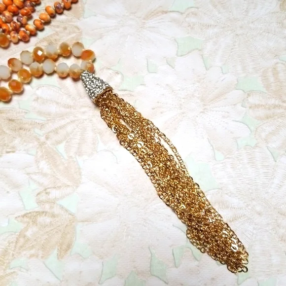 Hand Crafted Glass Bead and Austrian Crystal Gold Tone Tassel Necklace